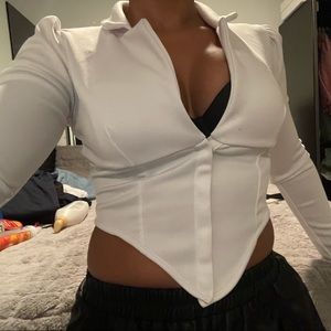 White Collar Detail Long Sleeve Cropped Shirt.